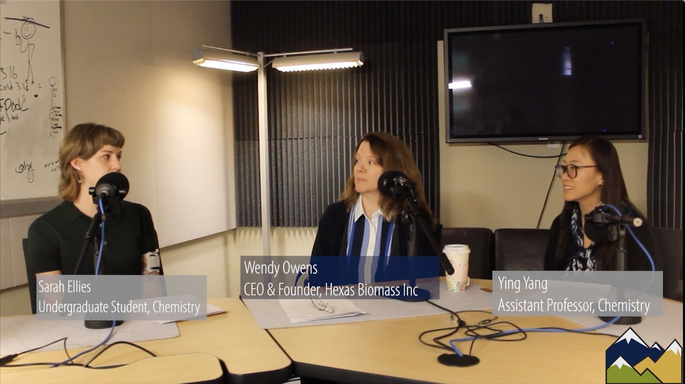 Wendy Owens recording a podcast conversation with UNR chemistry graduate students